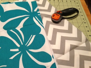 My two fabrics.  The chevorn was for the inside and the teal flower print was for the outside.