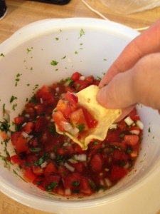 Digging into the fresh salsa